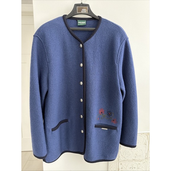 Geiger Boiled Wool Coat Blue - Floral Embroidery -US 10-12 EU 40 Silver Buttons